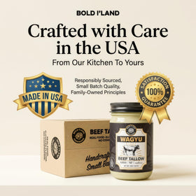 Bold I'Land Wagyu tallow jar in pantry suggesting keto and paleo compatibility.