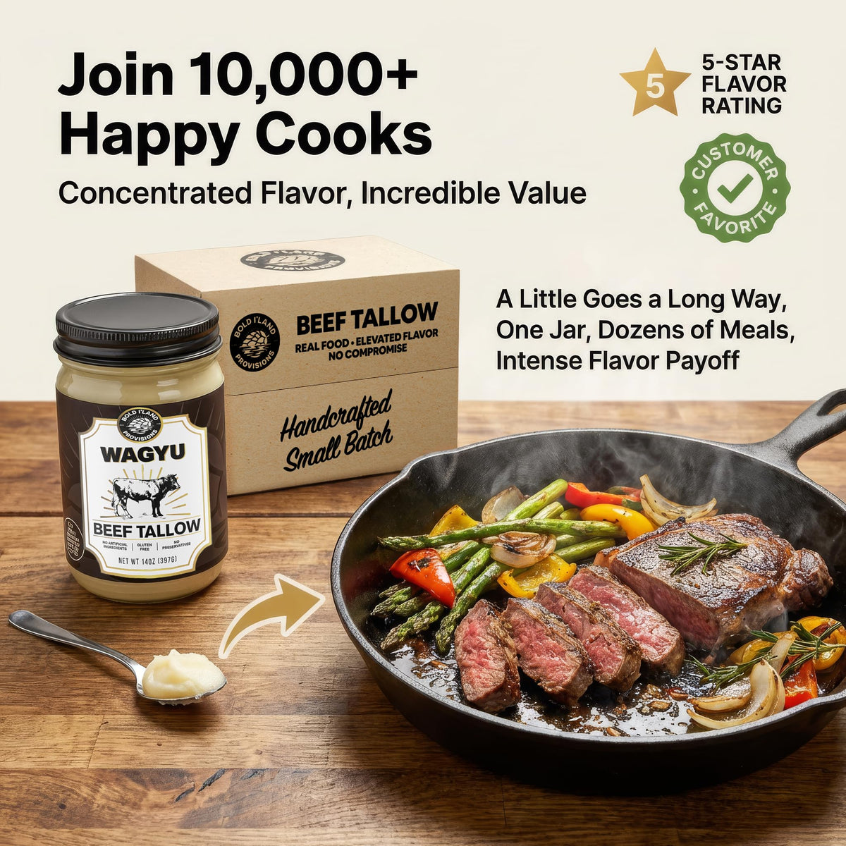 Bold I'Land Wagyu tallow bottle with sizzling skillet highlights high smoke point.