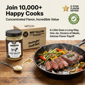 Bold I'Land Wagyu tallow bottle with sizzling skillet highlights high smoke point.