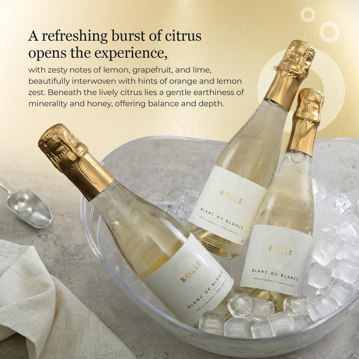 BO°LLE Blanc de Blancs close-up emphasizes lemon and grapefruit brightness.