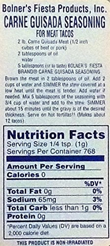 Bolner's Fiesta Carne Guisada Seasoning label closeup highlights savory spices ideal for stews and hearty beef dishes.