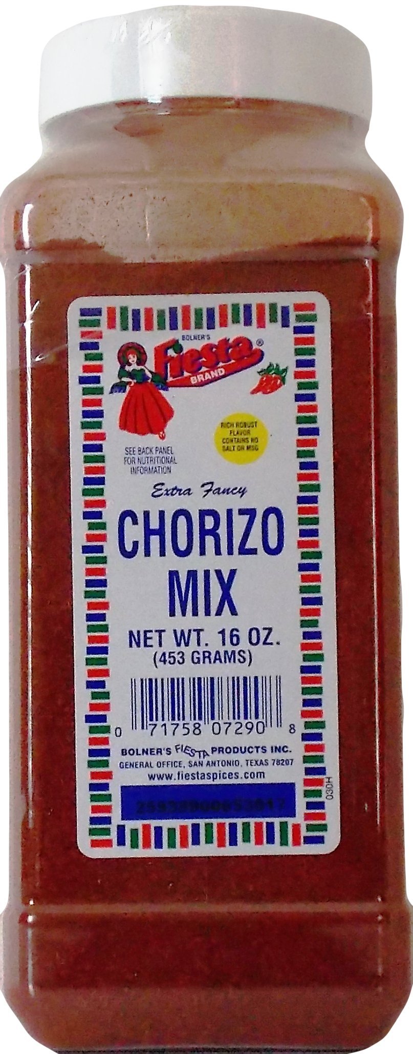 Bolner's Fiesta chorizo spice mix bottle with extra large shaker top for easy seasoning of homemade chorizo.