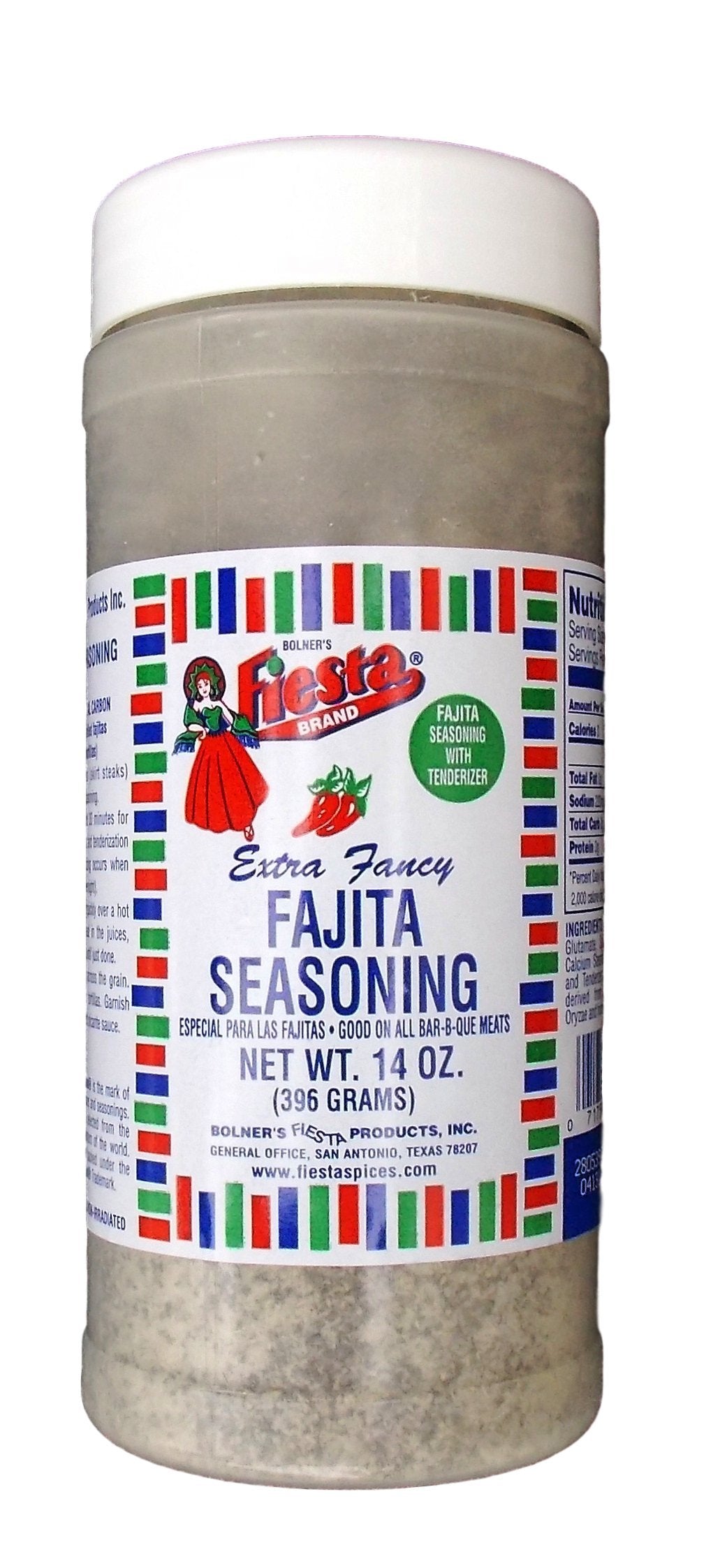 Bolner's Fiesta Extra Fancy Fajita Seasoning jar label showing rich, savory blend for fajitas.
