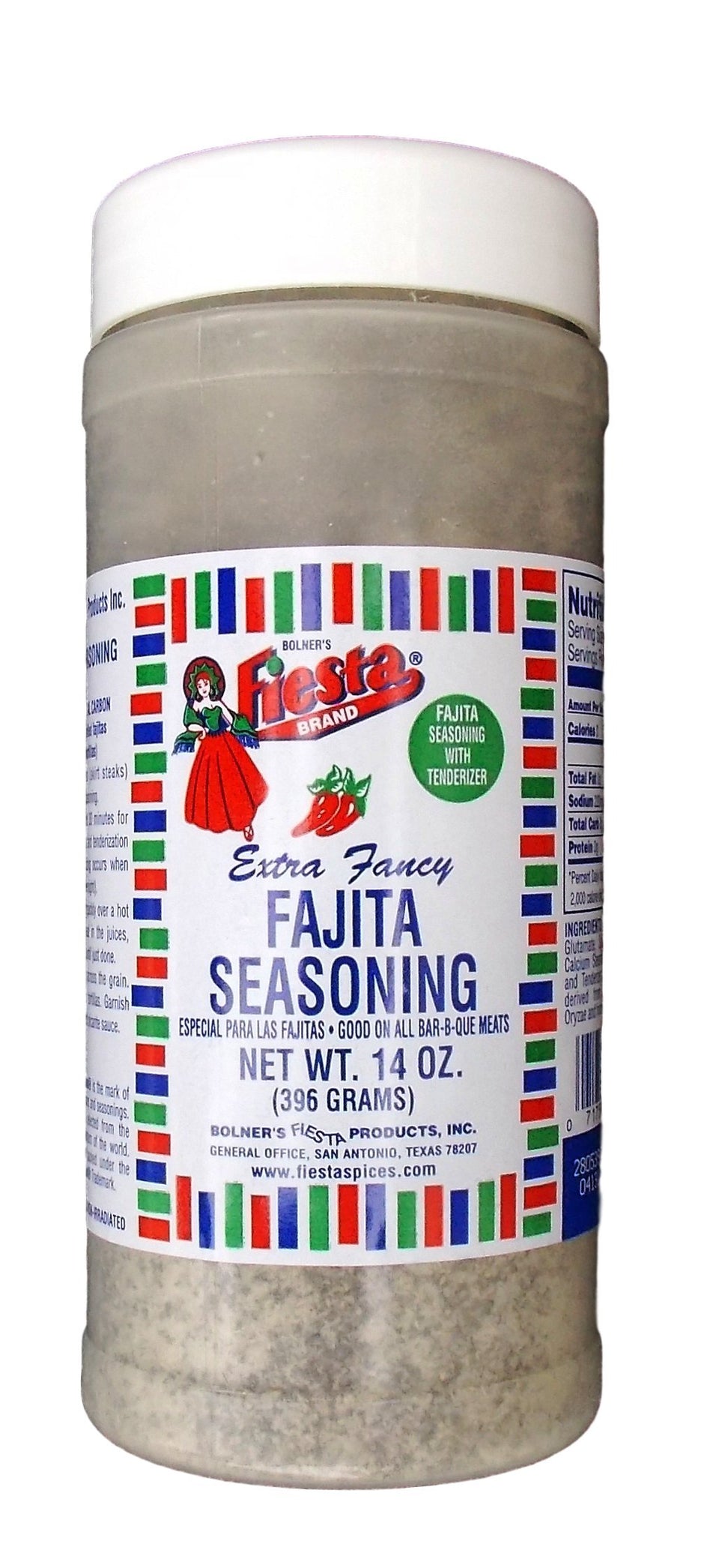 Bolner's Fiesta Extra Fancy Fajita Seasoning jar label showing rich, savory blend for fajitas.
