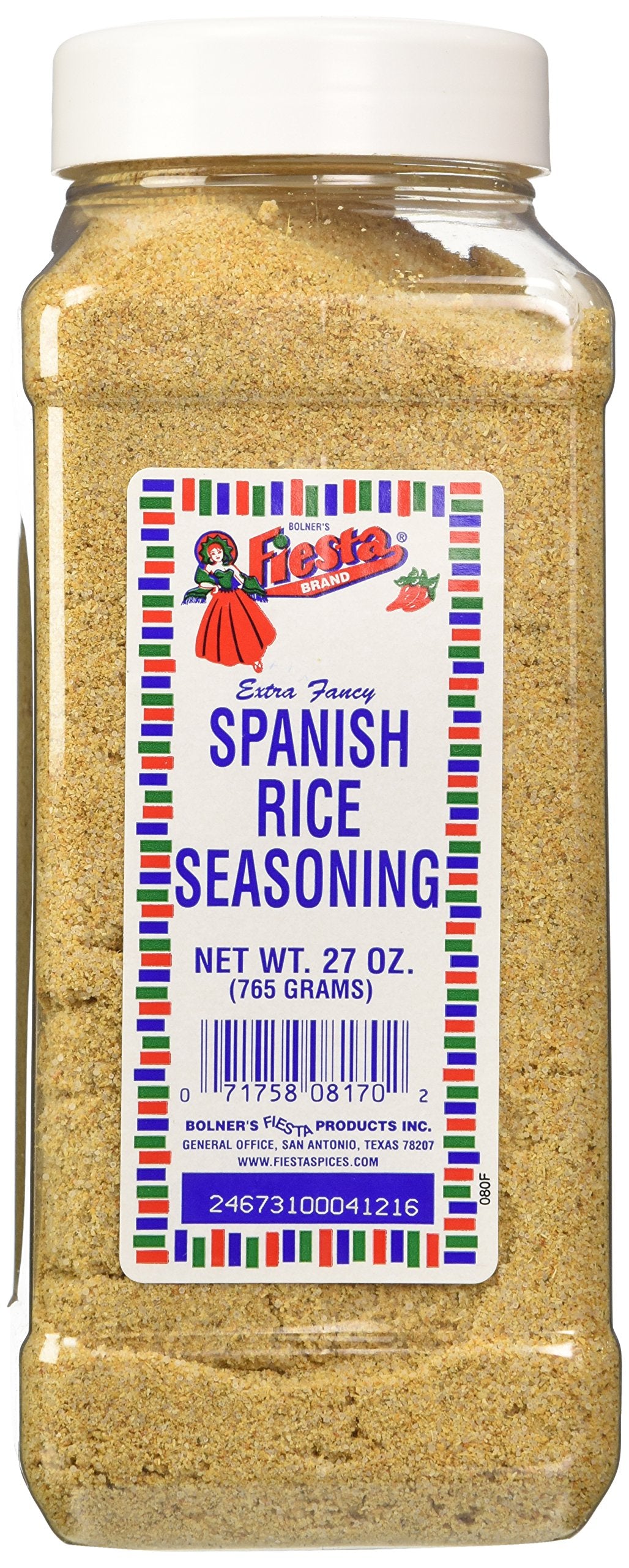 Bolner's Fiesta Extra Fancy Spanish Rice Seasoning bottle on a kitchen counter for quick flavor.
