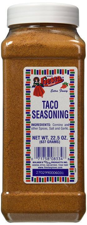 Bolner's Fiesta Extra Fancy Taco Seasoning bottle highlighting bold garlic aroma for tacos.