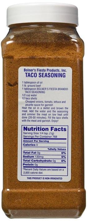 Bolner's Fiesta seasoning packaging displays 22.5 oz size for family meals.