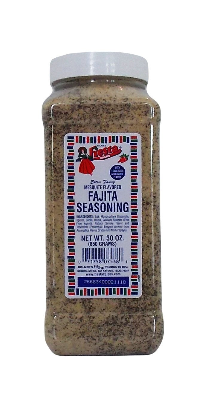 Bolner's Fiesta Mesquite Fajita Seasoning bottle enhances smoky flavor for meats.