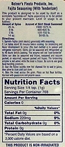 Bolner's Fiesta Mesquite Fajita Seasoning label highlights Tex-Mex flavor potential.