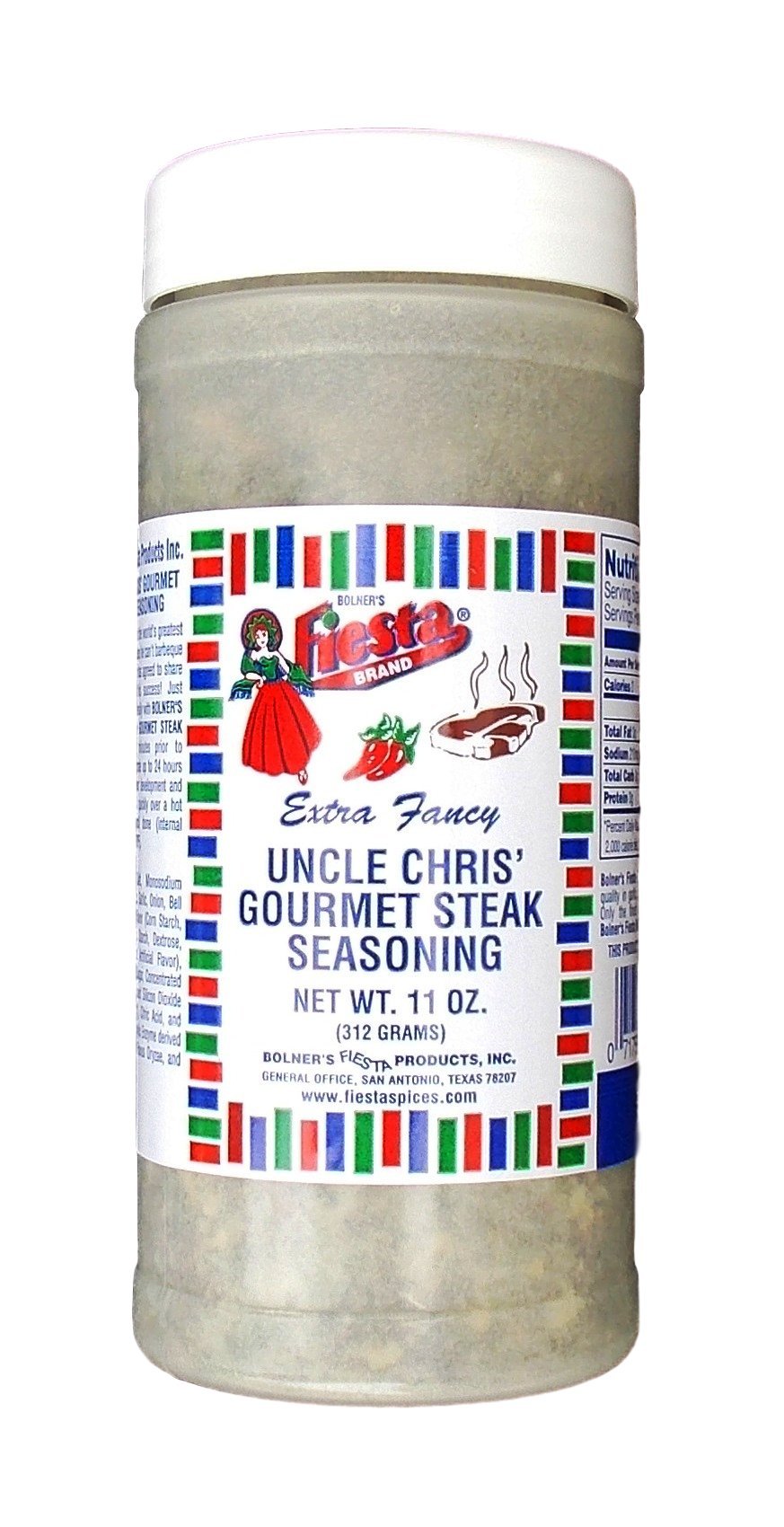 Bolner's Fiesta Uncle Chris' Steak Seasoning bottle boosts juicy beef flavor