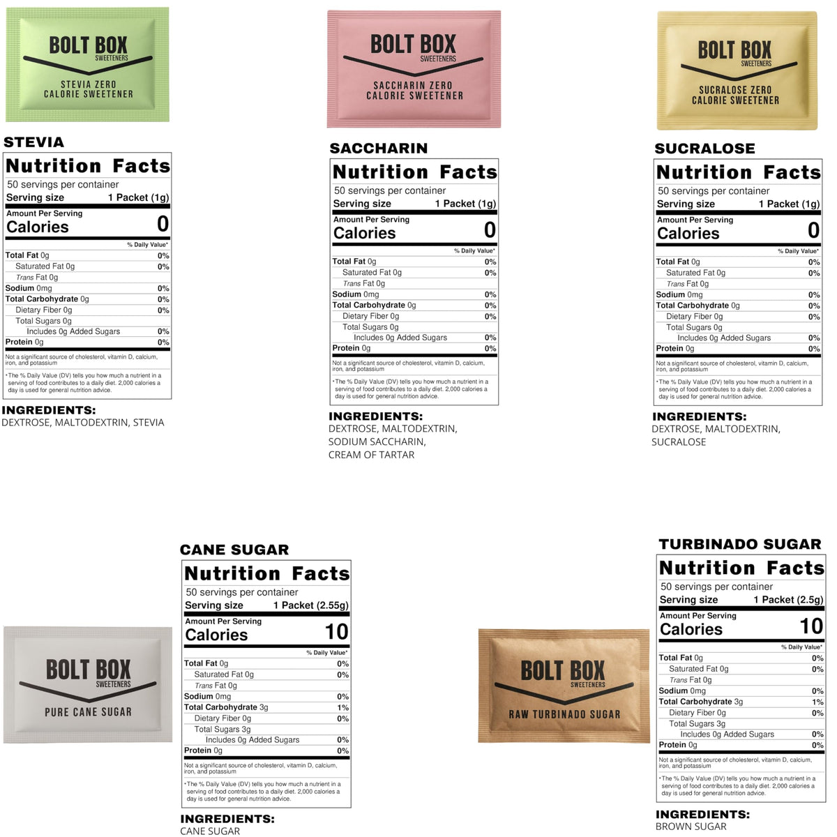 Bolt Box green stevia packets offer zero-calorie sweetness for beverages