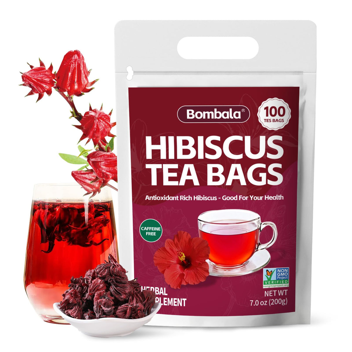 Bombala premium hibiscus tea bag pouring into cup for a caffeine-free brew.