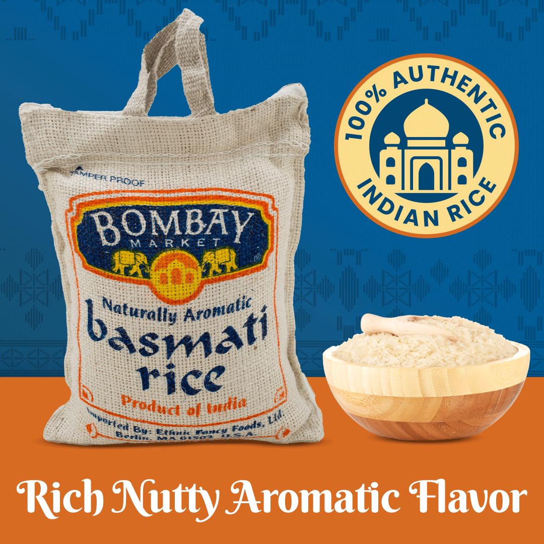 Bombay Market Aromatic nutty basmati emits inviting aroma while cooking.