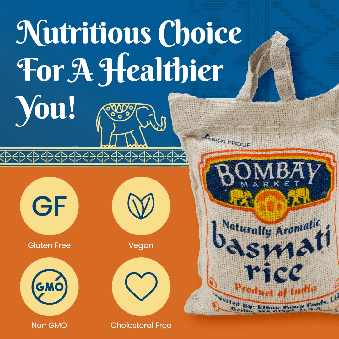 Bombay Market Long-grain uncooked rice ready for versatile dishes.