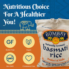Bombay Market White Basmati Rice grains closeup shows long grains for fluffy results