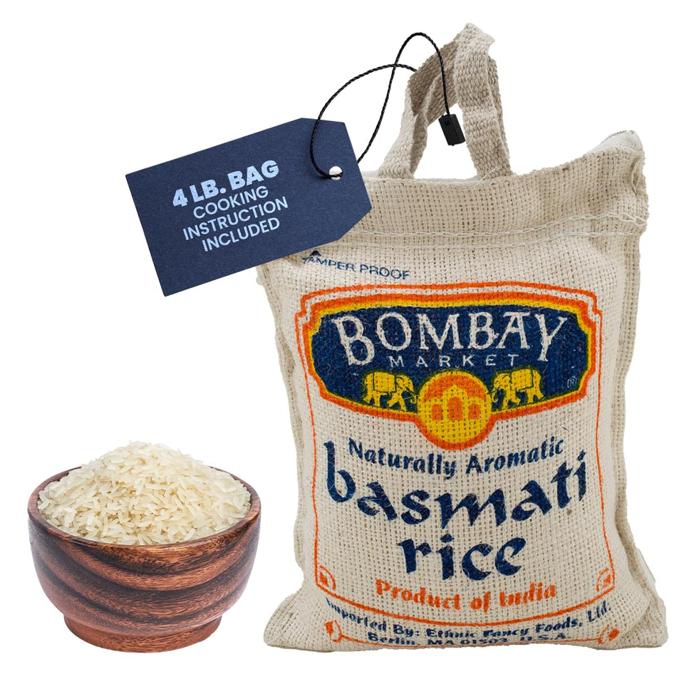 Bombay Market White Basmati Rice pack with long grains for fluffy meals.