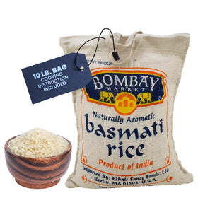 Bombay Market White Basmati Rice packaging on kitchen counter, convenient 10 lb bag