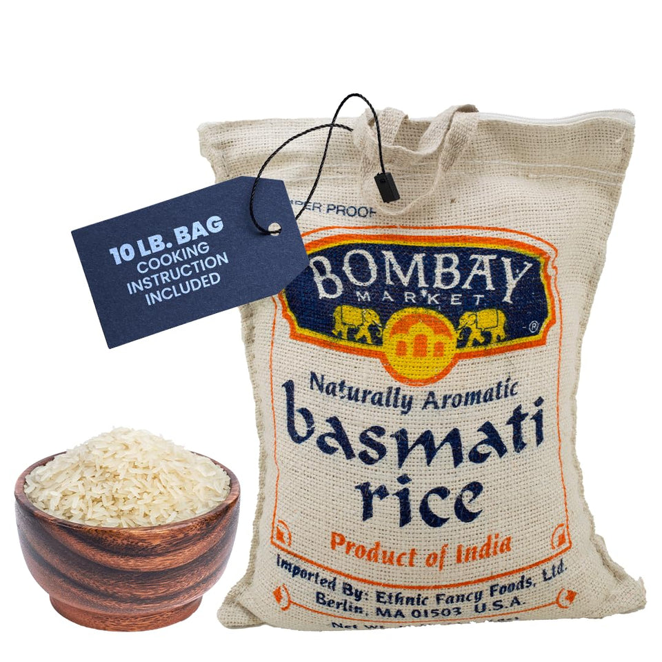 Bombay Market White Basmati Rice packaging on kitchen counter, convenient 10 lb bag