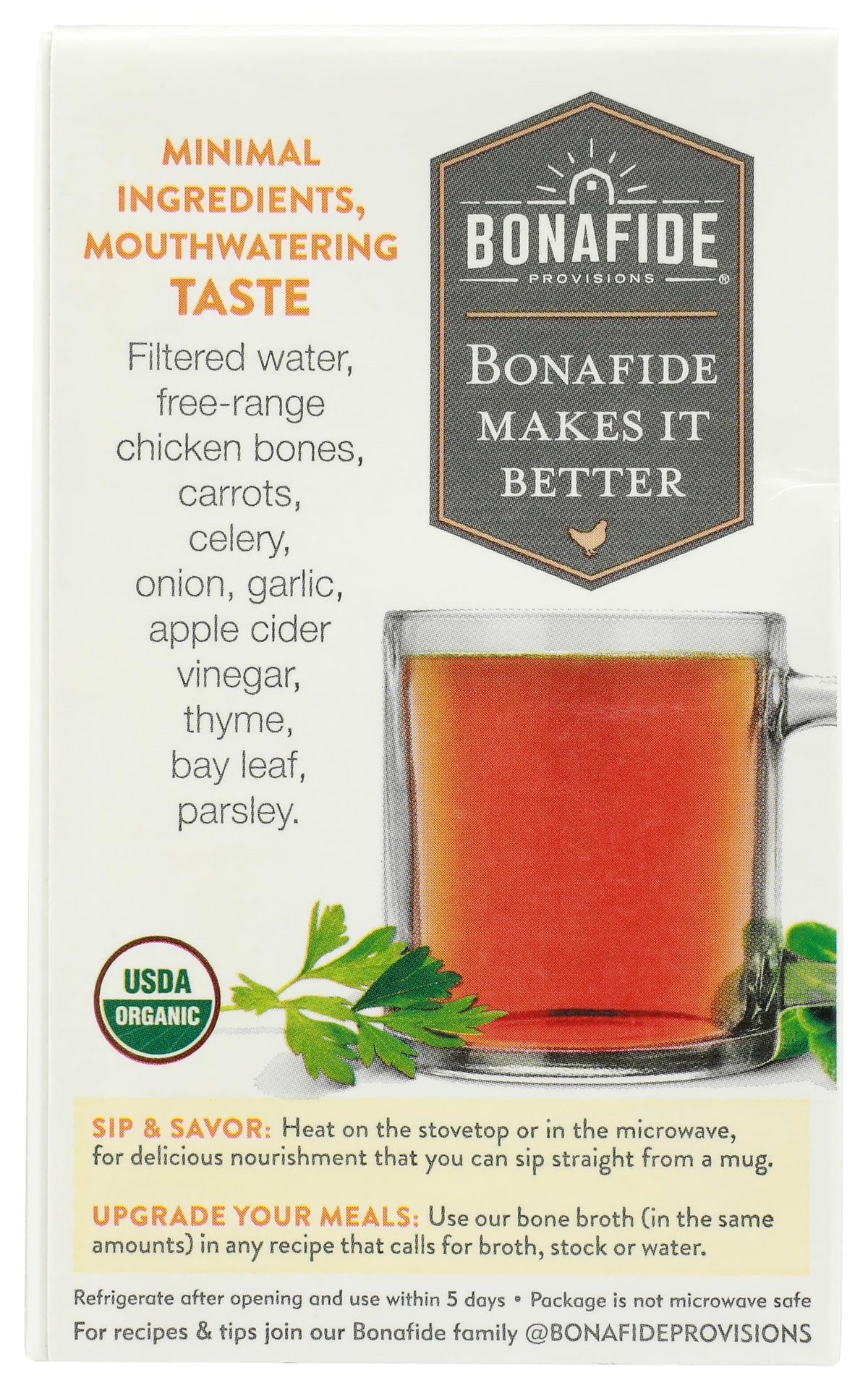 Bonafide Provisions broth steaming beside vegetables for hearty soups