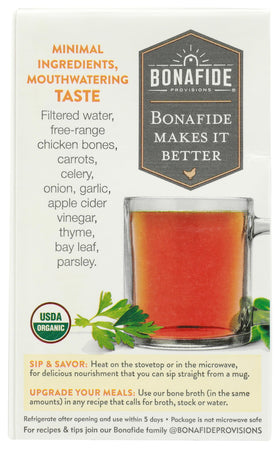 Bonafide Provisions broth steaming beside vegetables for hearty soups
