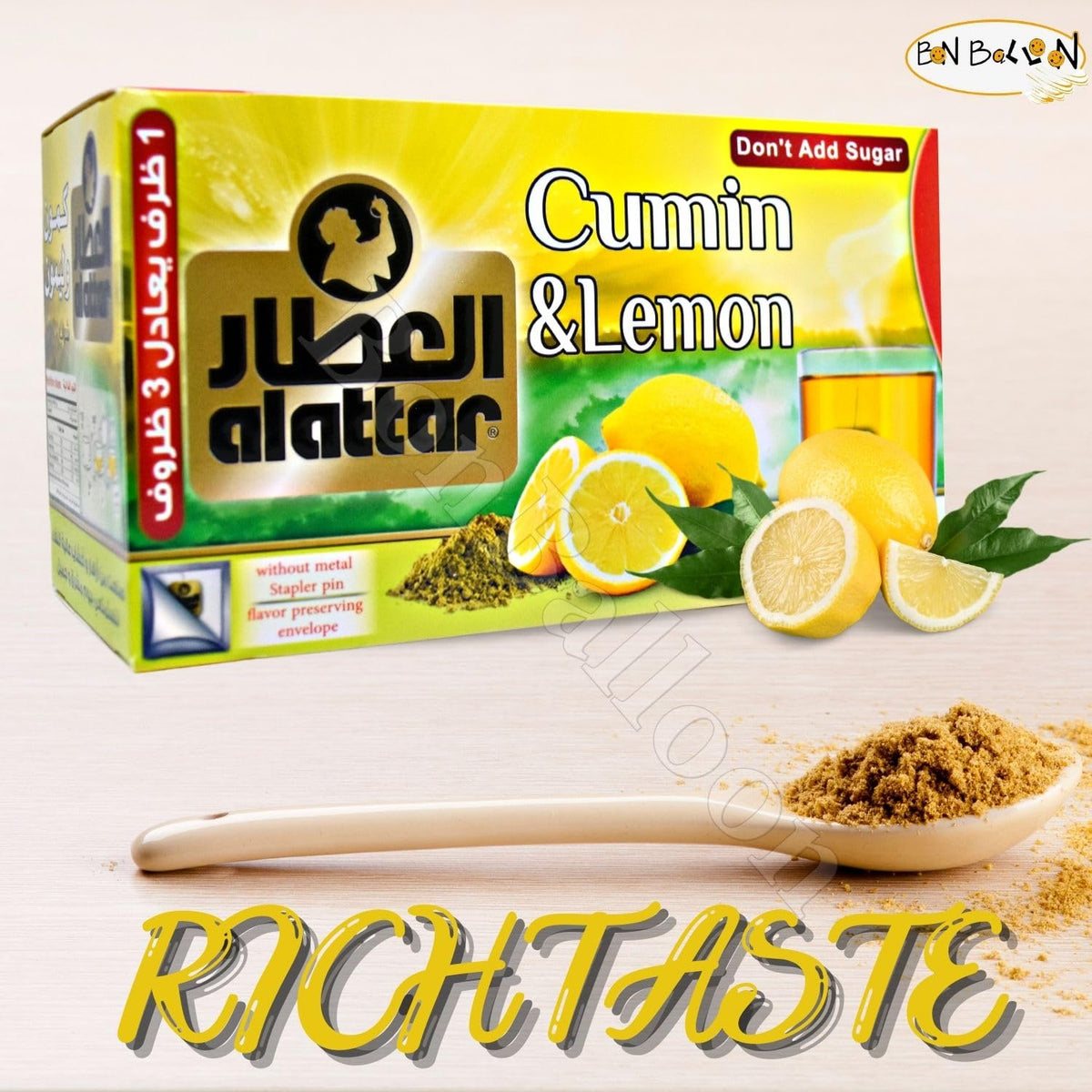 Packaging label of AlAttar cumin lemon tea brand.