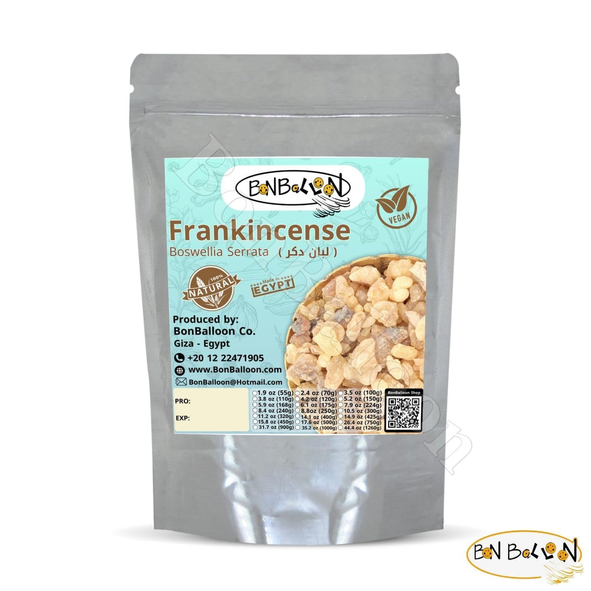 Bonballoon Egyptian frankincense gum packaging display for easy storage.