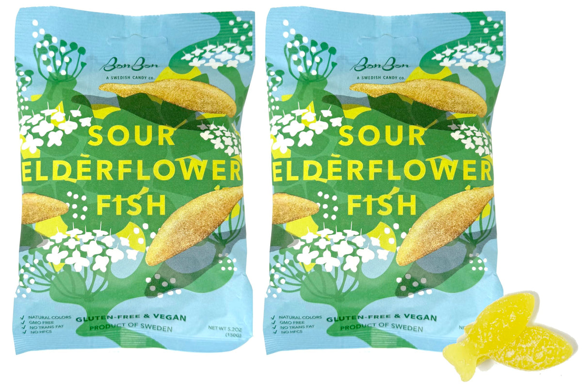 BonBon Sour Elderflower Fish gummies; tangy vegan Swedish candy for playful snacking