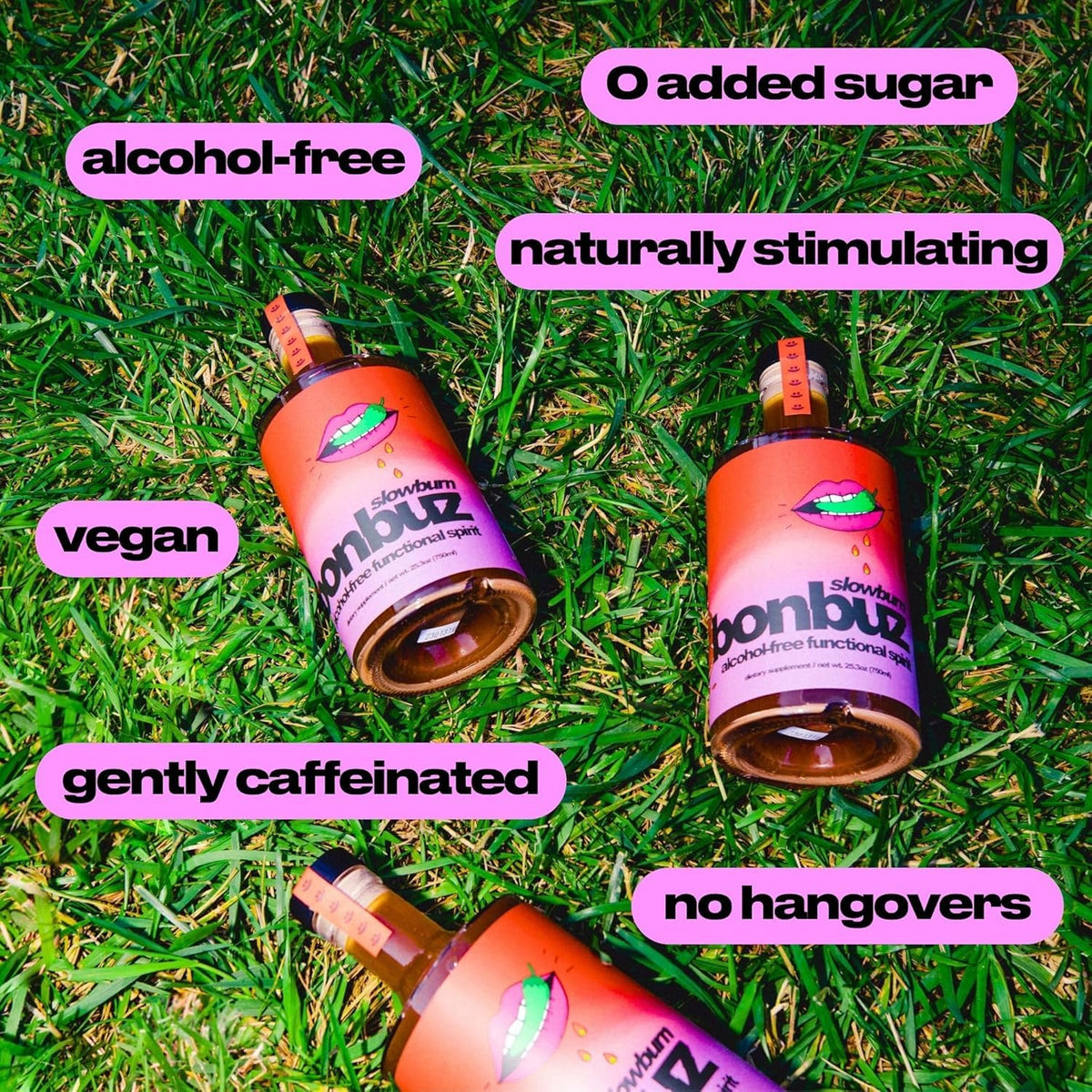 Bonbuz Slowburn mocktail base in a glass, ideal for alcohol-free gatherings