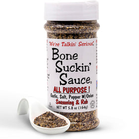 Bone Suckin' All Purpose seasoning bottle front for versatile meats and vegetables.