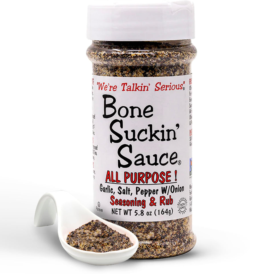 Bone Suckin' All Purpose seasoning bottle front for versatile meats and vegetables.