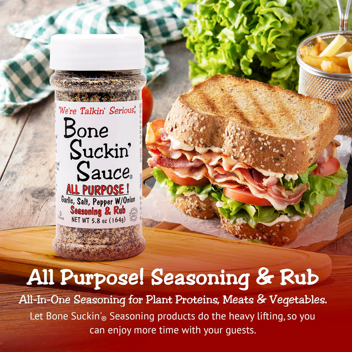 Bone Suckin' All Purpose seasoning bottle with pour spout for quick flavor boosts.