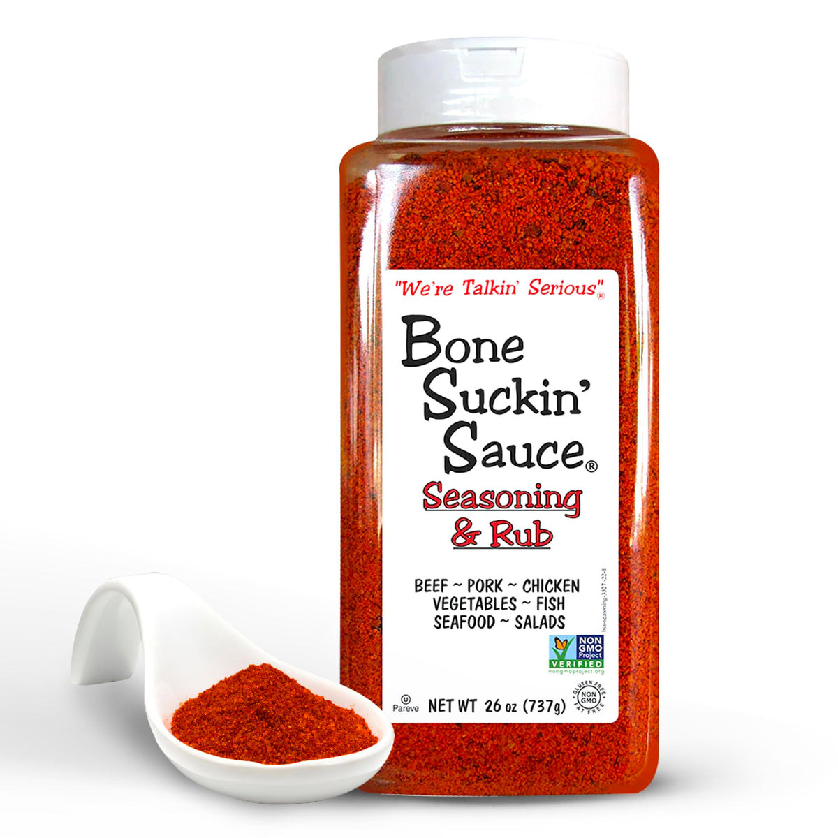 Bone Suckin' Original Seasoning bottle close-up for grilling and marinating.