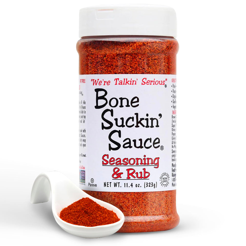 Bone Suckin' Original Seasoning bottle ready for grilling flavor enhancement