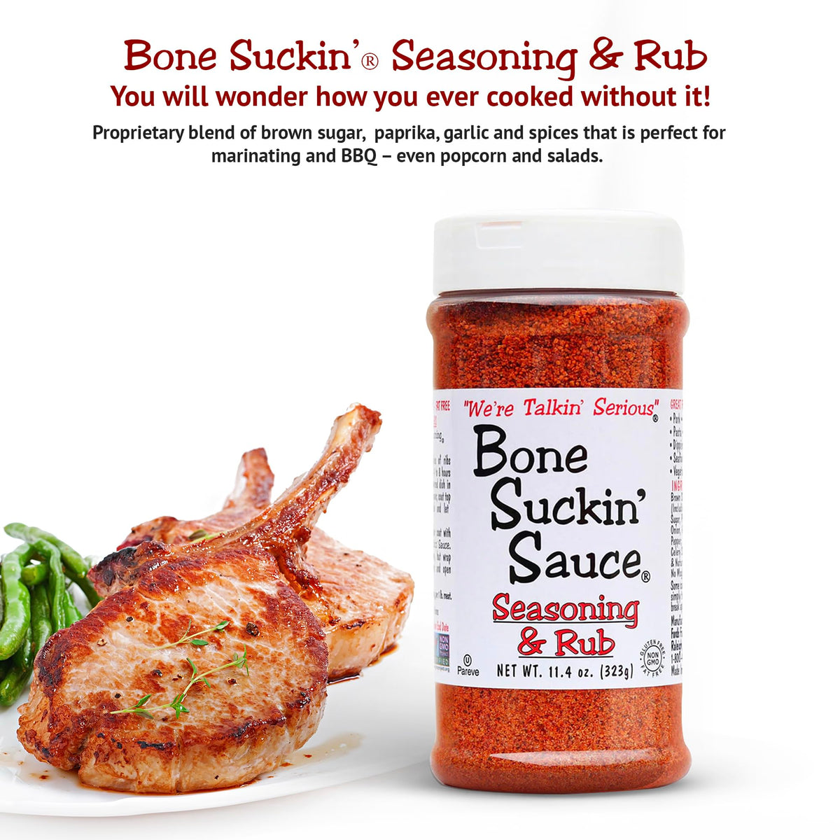 Bone Suckin' Original Seasoning rubbed on pork chops for bold flavor