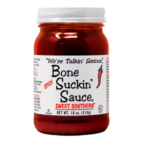 Bone Suckin' Sauce bottle front shows bold flavor ready for grilling