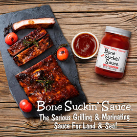 Bone Suckin' Sauce label confirms gluten-free quality and authenticity.