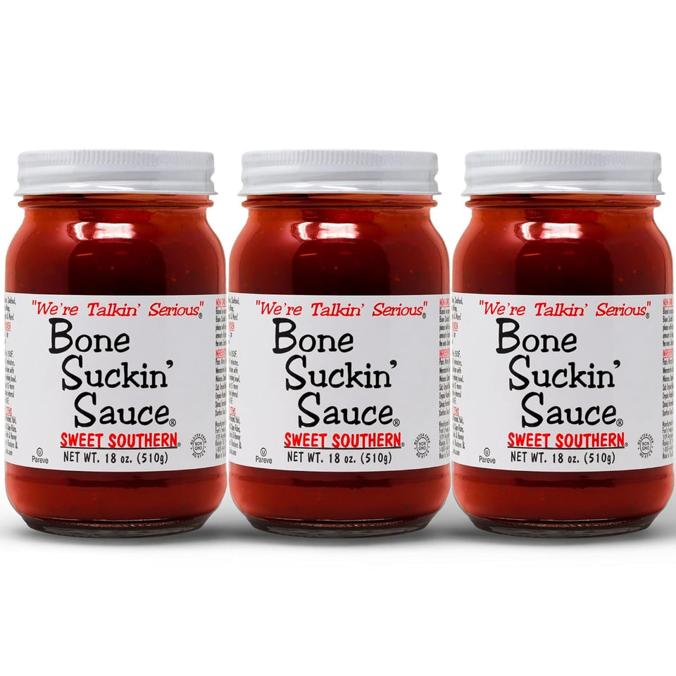 Bone Suckin' Sweet Southern bottle pouring for grilling glaze and flavor depth.