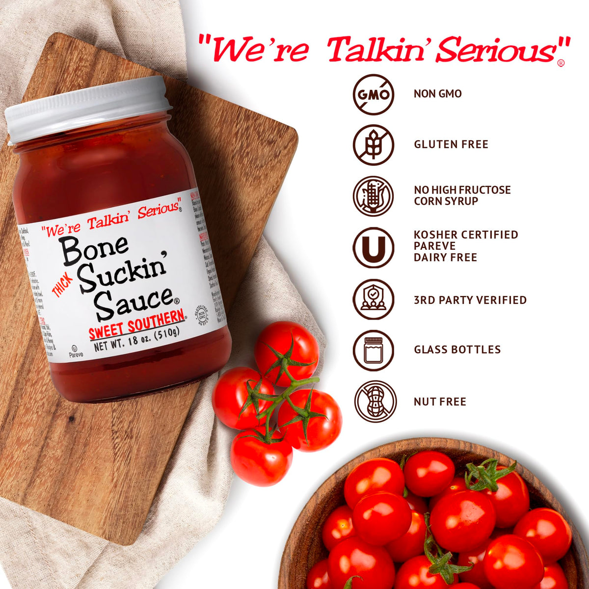 Bone Suckin' Sauce bottle closeup shows gluten-free and non-GMO pride.