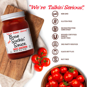 Bone Suckin' Sauce bottle closeup shows gluten-free and non-GMO pride.