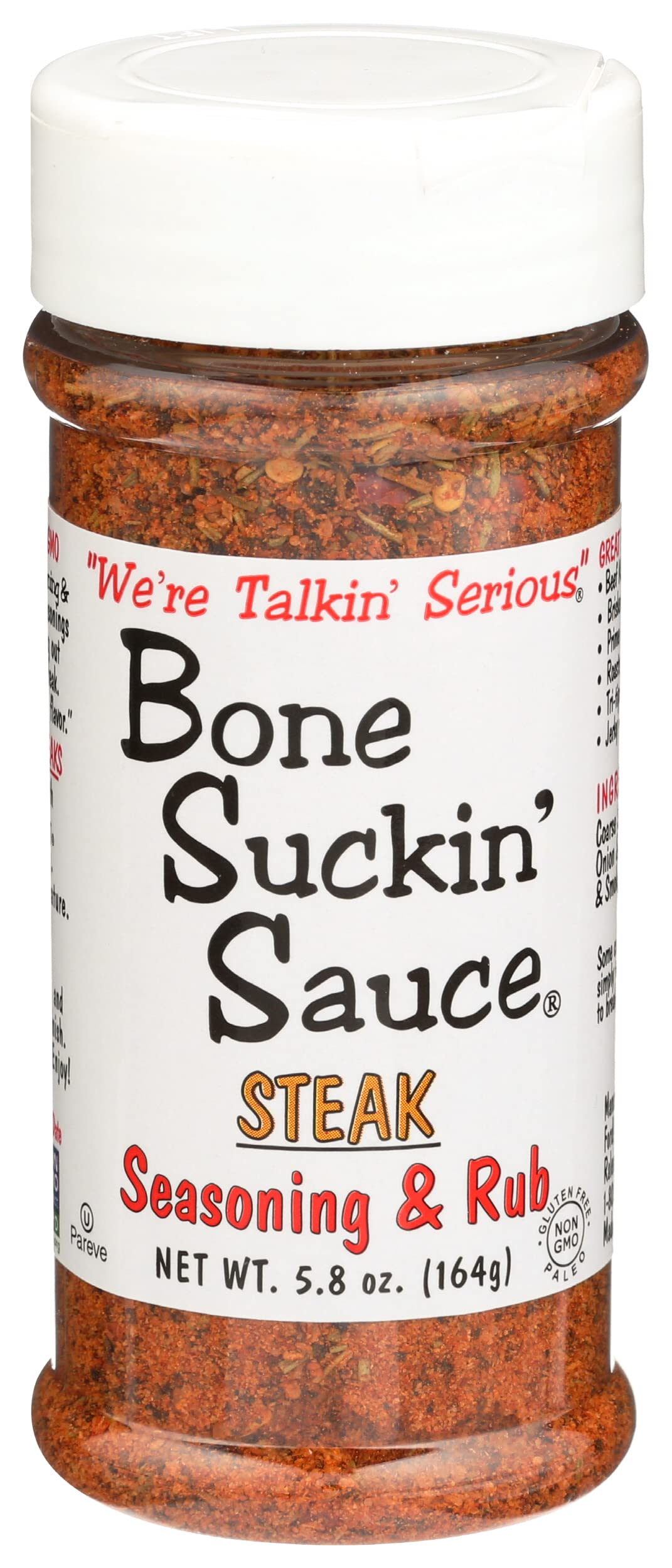 Bone Suckin' Steak Seasoning jar close-up highlighting premium flavor for steaks.