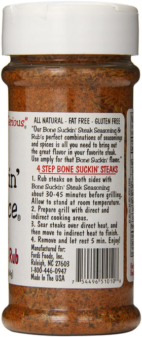 Bone Suckin' Steak Seasoning on a raw steak for flavor boost.