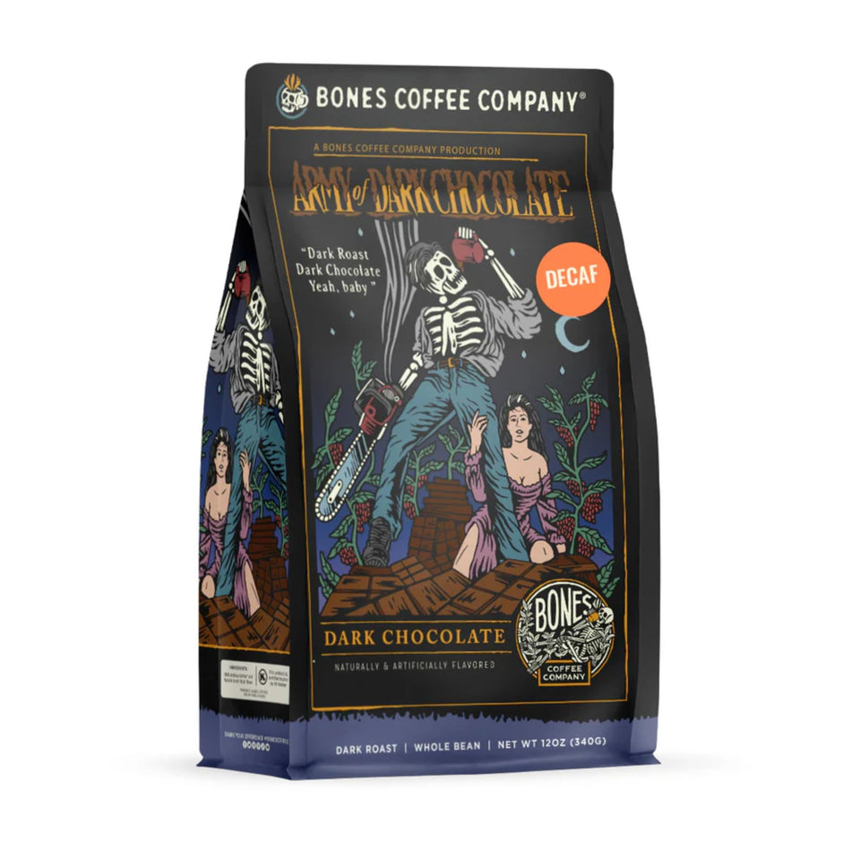 Bones Coffee Army of Dark Chocolate decaf in a resealable bag preserves freshness.