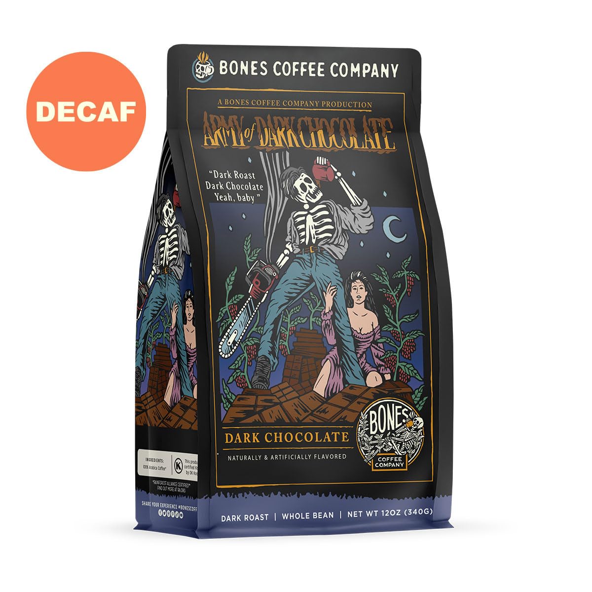 Bones Coffee Army of Dark Chocolate whole beans release rich aroma for smooth decaf.
