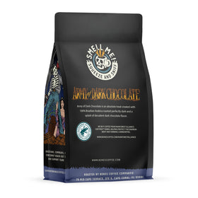 Bones Coffee Army of the Dark Chocolate beans shown for fresh roasting aroma.