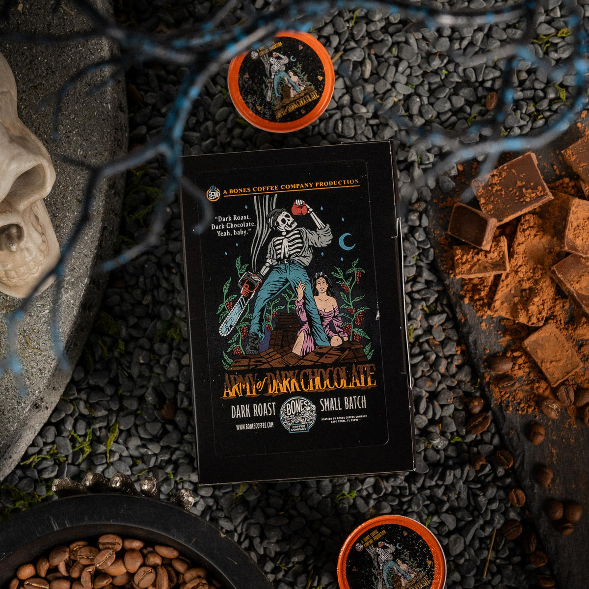 Bones Coffee Army of Dark Chocolate cup: rich aroma, smooth finish.