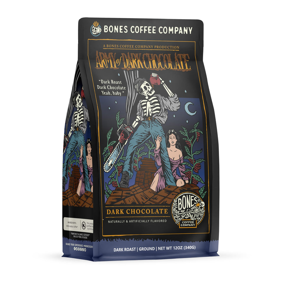 Bones Coffee Army of the Dark Chocolate Decaf bag front with resealable closure for freshness