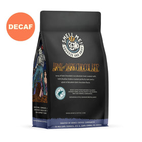 Ground coffee from Army of Dark Chocolate decaf ready for auto drip brewing.