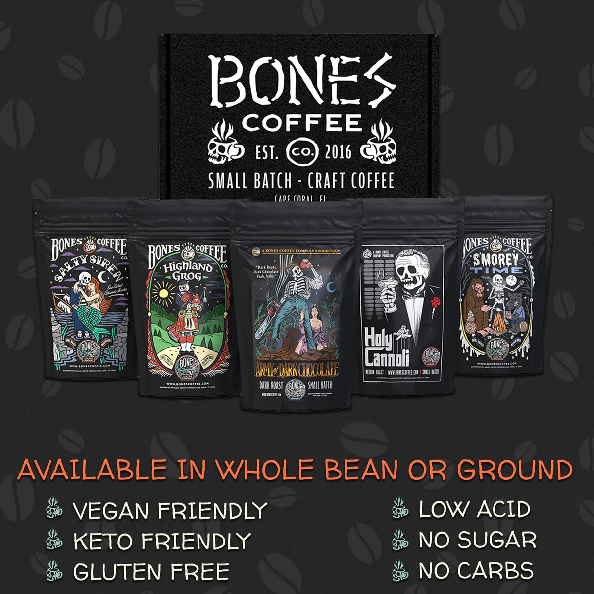 Bones Coffee artisan roasted beans highlighting small-batch freshness and aroma.