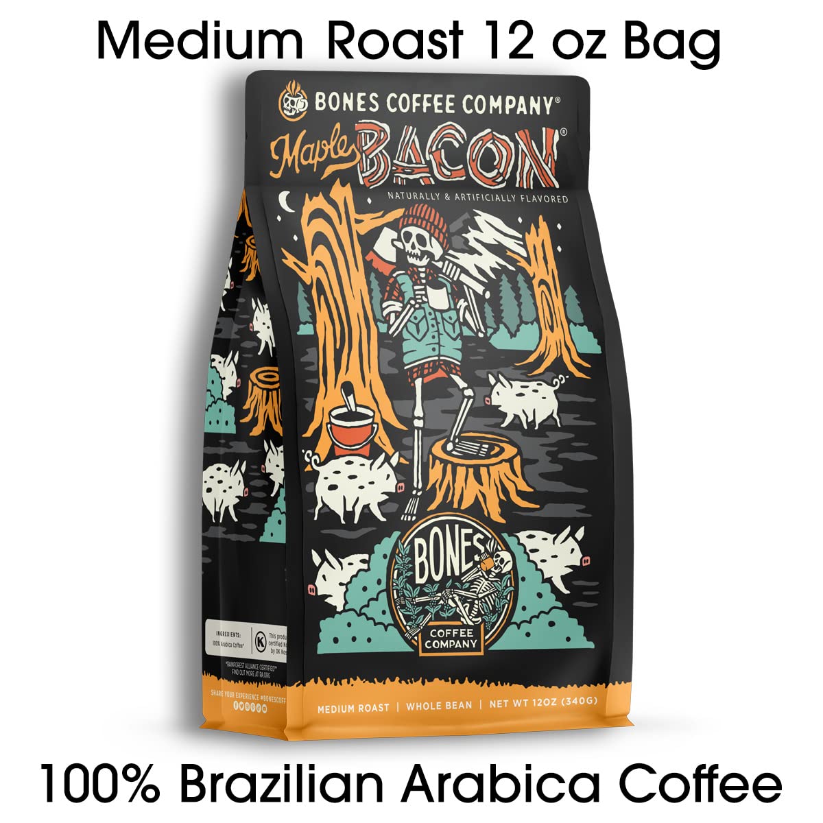 Bones Coffee artisan roasted beans in resealable bag for fresh flavor.