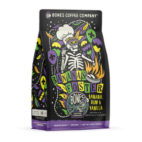 Bones Coffee Bananas Foster bag close-up showing resealable packaging for freshness